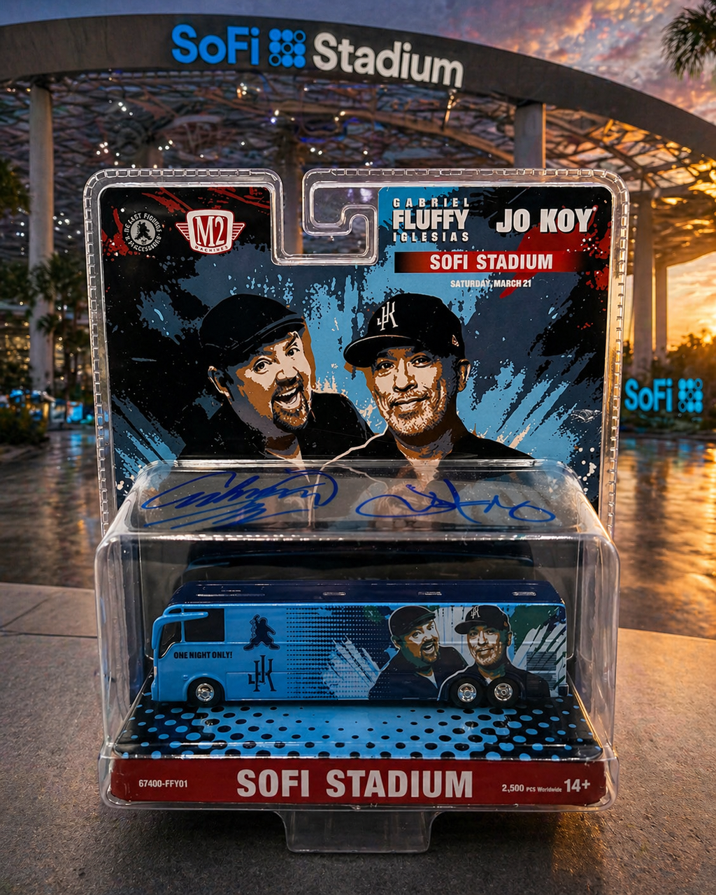 Jo Koy & Gabriel “Fluffy” Iglesias Autographed M2 1:64 Diecast Bus – SoFi Stadium Exclusive (Limited Edition 1 of 2500)